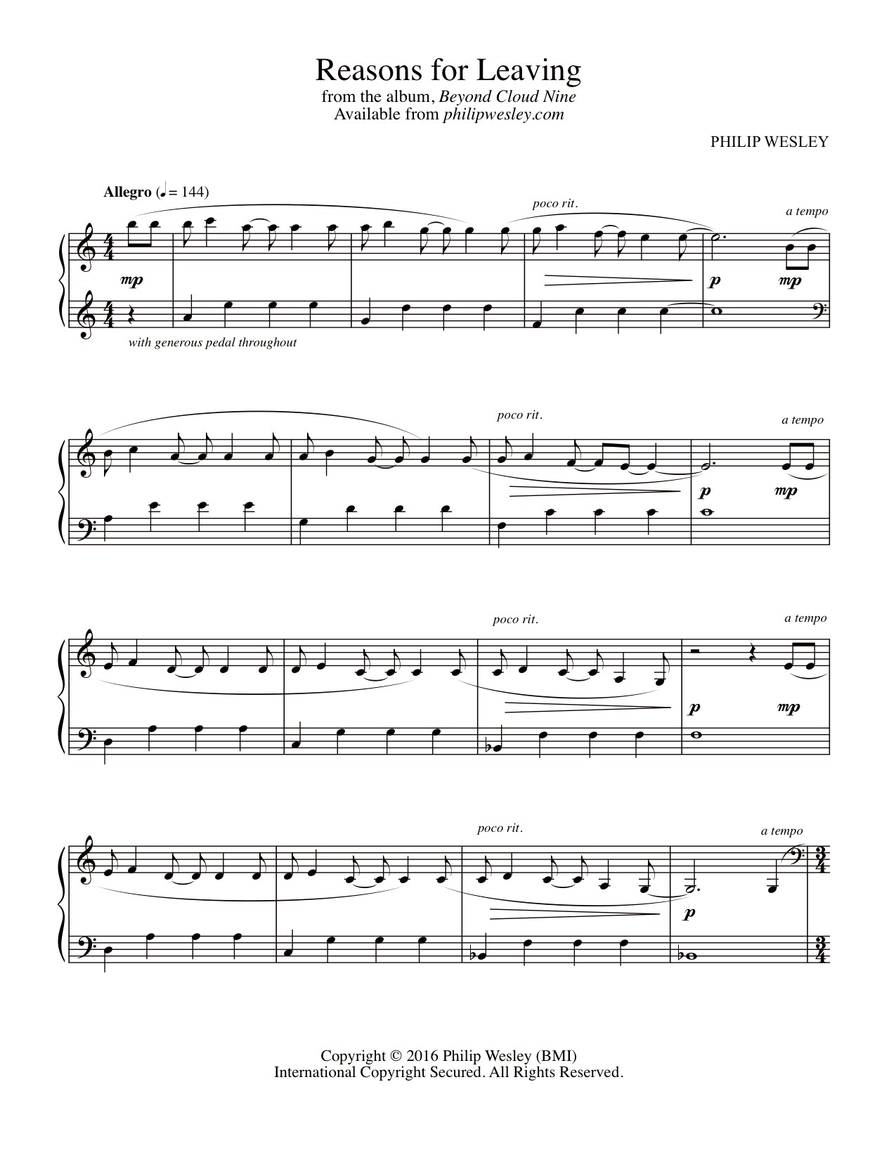 Reasons for Leaving - Beyond Cloud Nine - Sheet Music