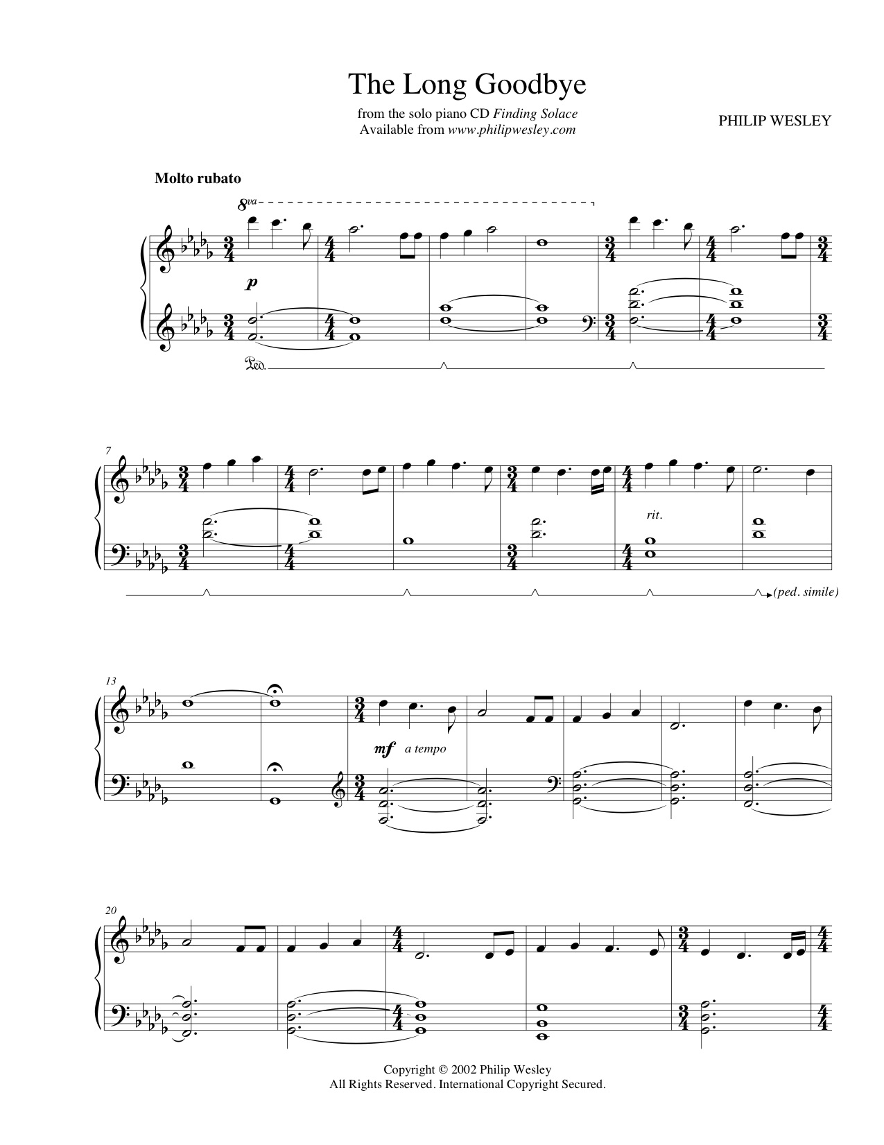 The Long Goodbye Finding Solace Sheet Music Philip Wesley